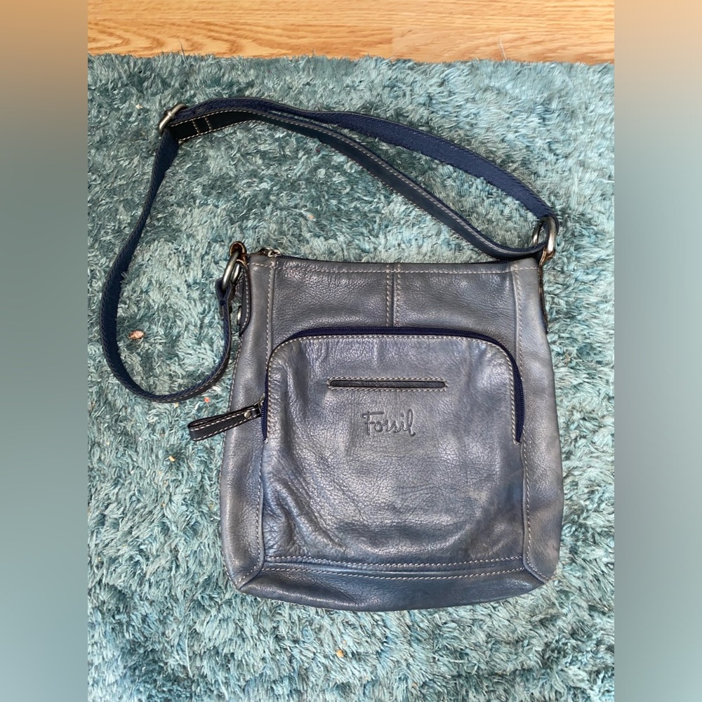 Fossil Blue Crossbody Bag with Adjustable Strap and Soft Finish